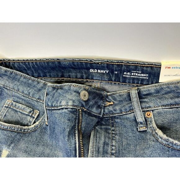 Old Navy O.G. Straight High Rise Distressed Denim Jeans 3" Inseam size 12 - Picture 2 of 5
